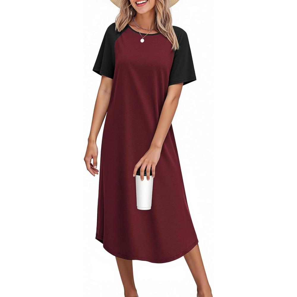 imageEkouaer Nightgowns for Women Bamboo Viscose House Dress Long Night Gowns Short Sleeve Sleepdress Soft Sleepwear S4XLRed