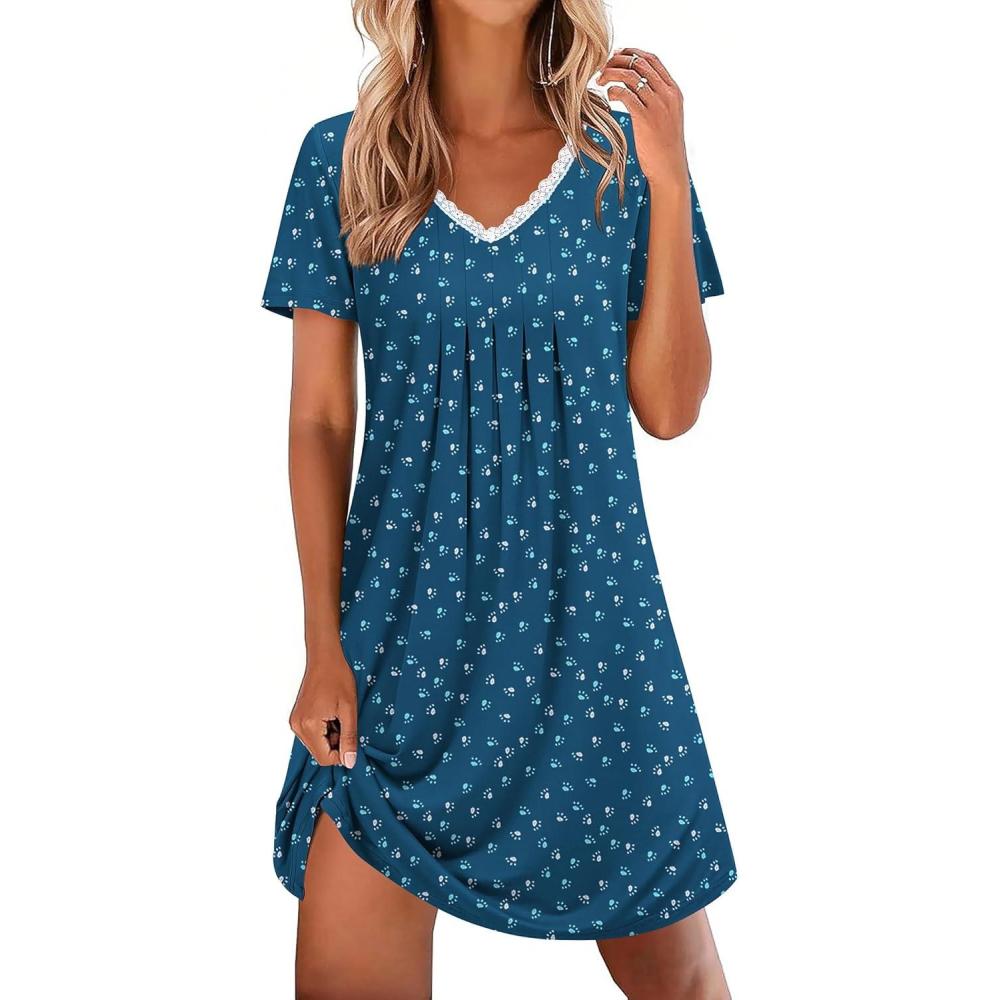 imageEkouaer Nightgowns for Women Cotton Night Gowns Short Sleeve Pleated Sleep Shirts Lace Trim Moo Moos Ladies SleepwearDog Footprints