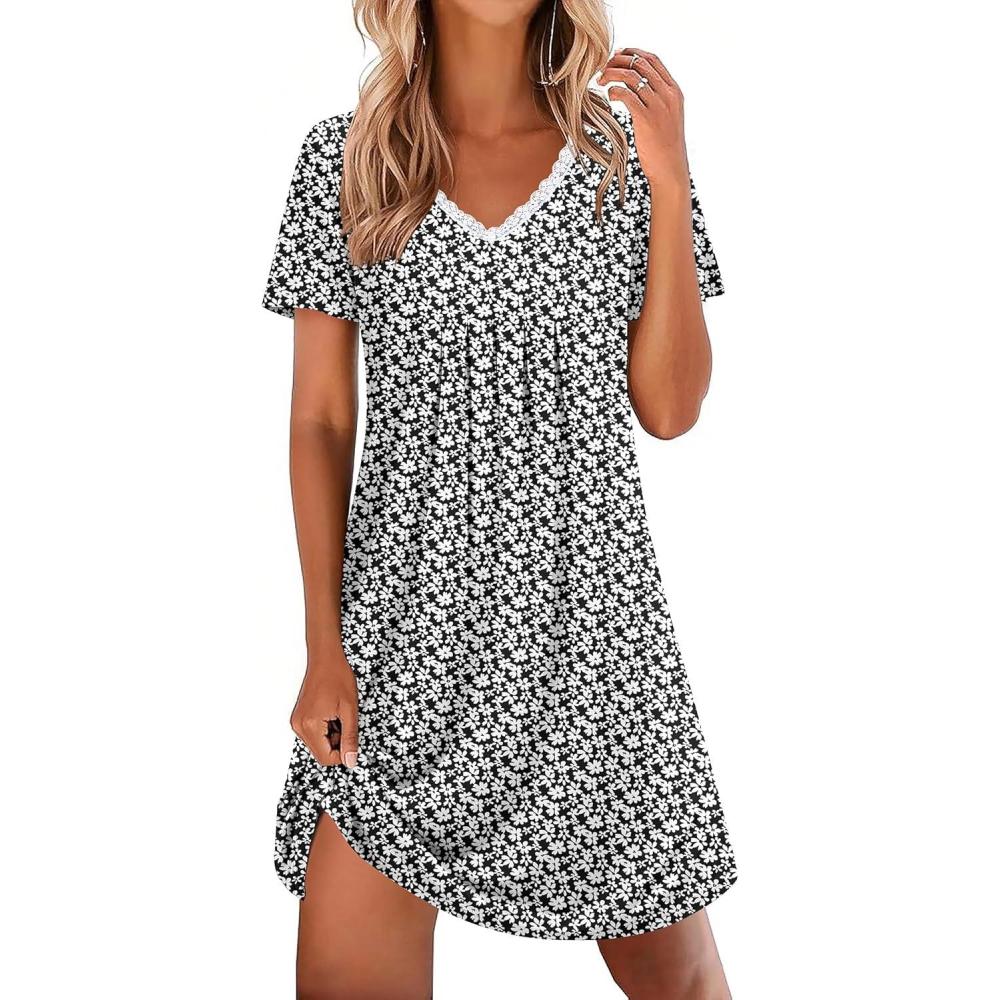 imageEkouaer Nightgowns for Women Cotton Night Gowns Short Sleeve Pleated Sleep Shirts Lace Trim Moo Moos Ladies SleepwearFloral Black