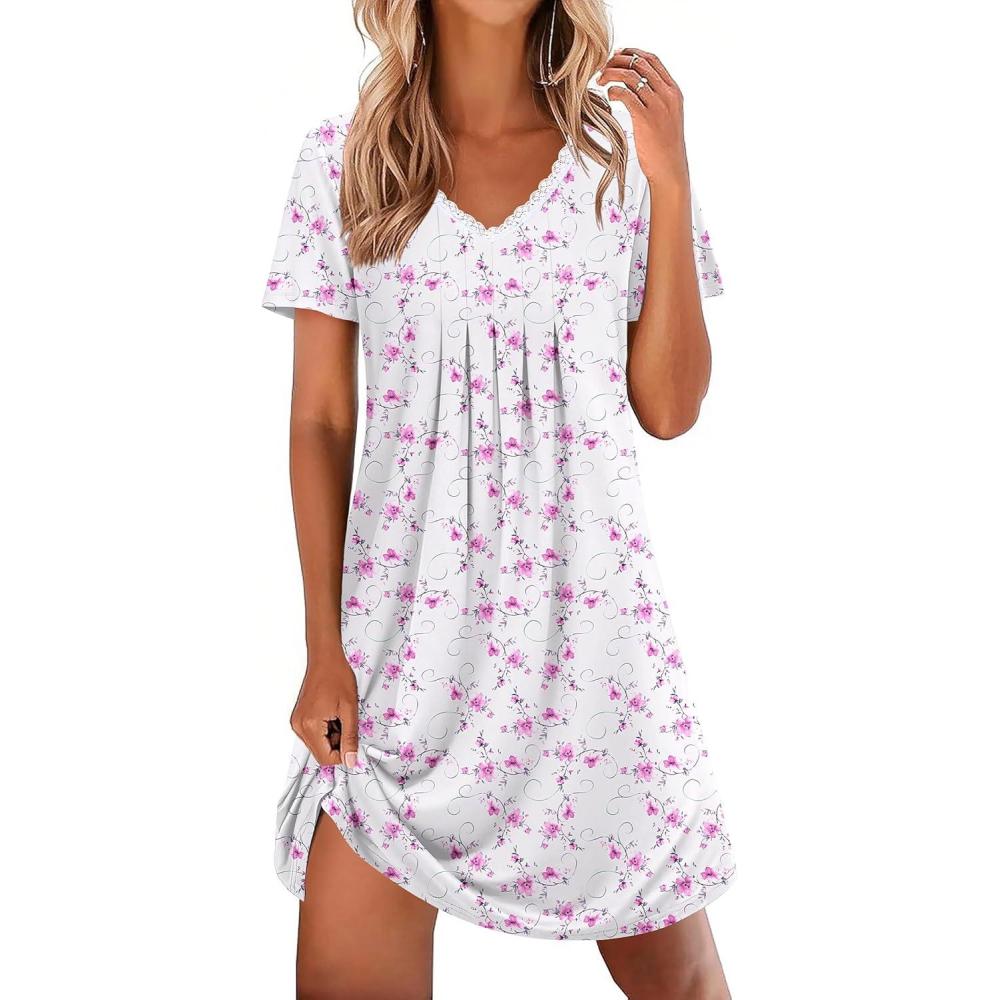 imageEkouaer Nightgowns for Women Cotton Night Gowns Short Sleeve Pleated Sleep Shirts Lace Trim Moo Moos Ladies SleepwearFloral Pink White