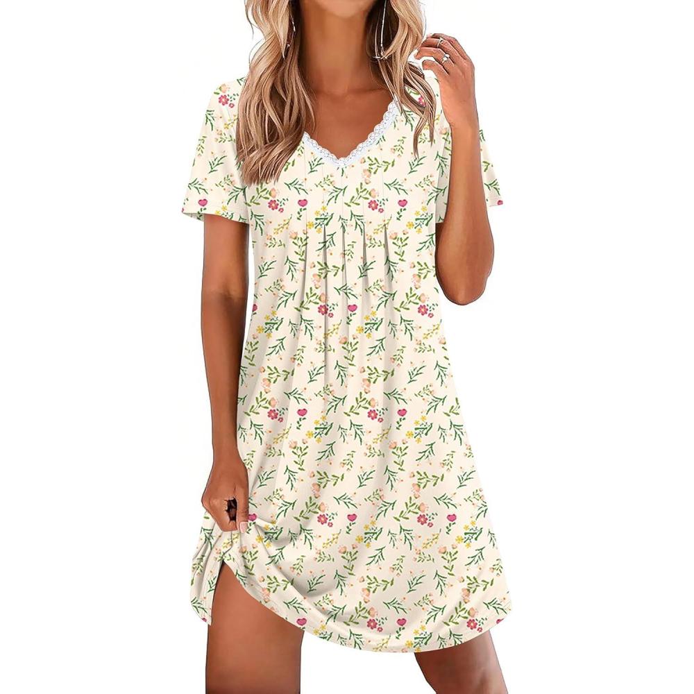 imageEkouaer Nightgowns for Women Cotton Night Gowns Short Sleeve Pleated Sleep Shirts Lace Trim Moo Moos Ladies SleepwearFloral Yellow