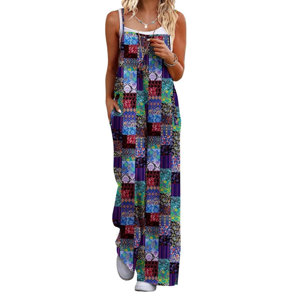 imageEkouaer Womens Causal Sleeveless Jumpsuits Summer Boho Wide Leg Floral Rompers Overalls with PocketsA Blue Boho Print