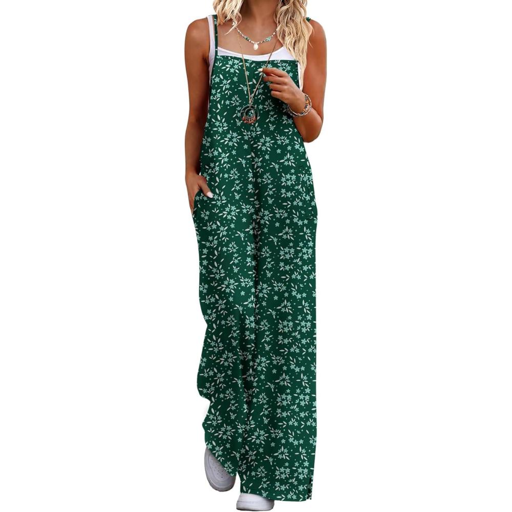 imageEkouaer Womens Causal Sleeveless Jumpsuits Summer Boho Wide Leg Floral Rompers Overalls with PocketsGreen Small Floral