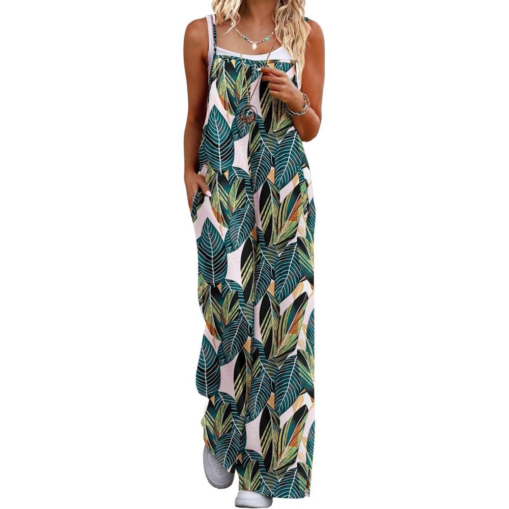 imageEkouaer Womens Causal Sleeveless Jumpsuits Summer Boho Wide Leg Floral Rompers Overalls with PocketsGrenn White Leaves