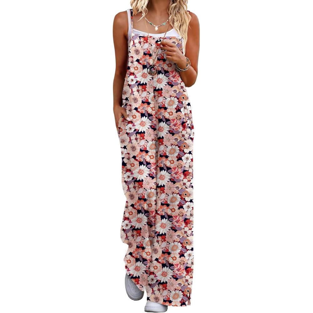 imageEkouaer Womens Causal Sleeveless Jumpsuits Summer Boho Wide Leg Floral Rompers Overalls with PocketsOrange White Floral