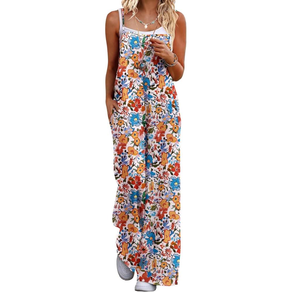 imageEkouaer Womens Causal Sleeveless Jumpsuits Summer Boho Wide Leg Floral Rompers Overalls with PocketsWatercolor Floral