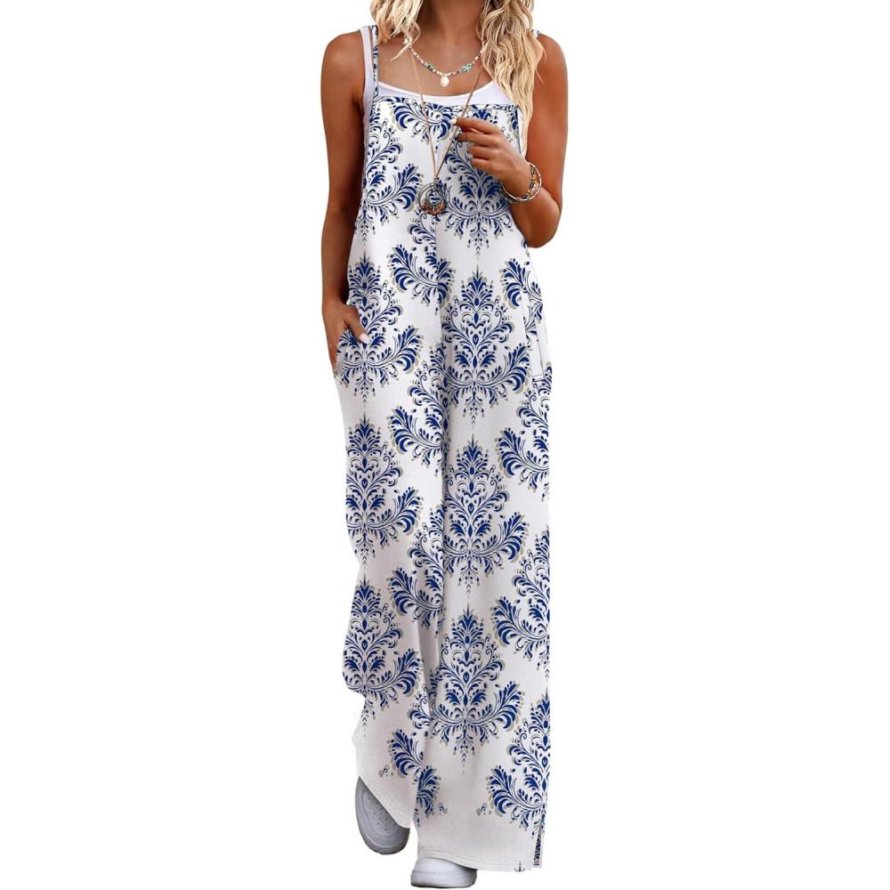 imageEkouaer Womens Causal Sleeveless Jumpsuits Summer Boho Wide Leg Floral Rompers Overalls with PocketsWhite Italian Print