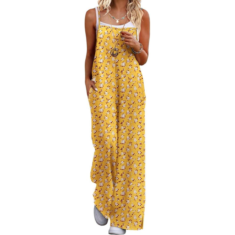 imageEkouaer Womens Causal Sleeveless Jumpsuits Summer Boho Wide Leg Floral Rompers Overalls with PocketsWhite Yellow Floral