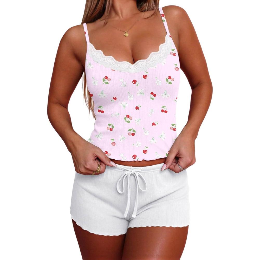 imageEkouaer Womens Pajama Sets 2 Piece Sexy Lingerie Sleepwear with Pockets Lightweight Lace Cami Shorts Adjustable Straps PjsLilac Cherry