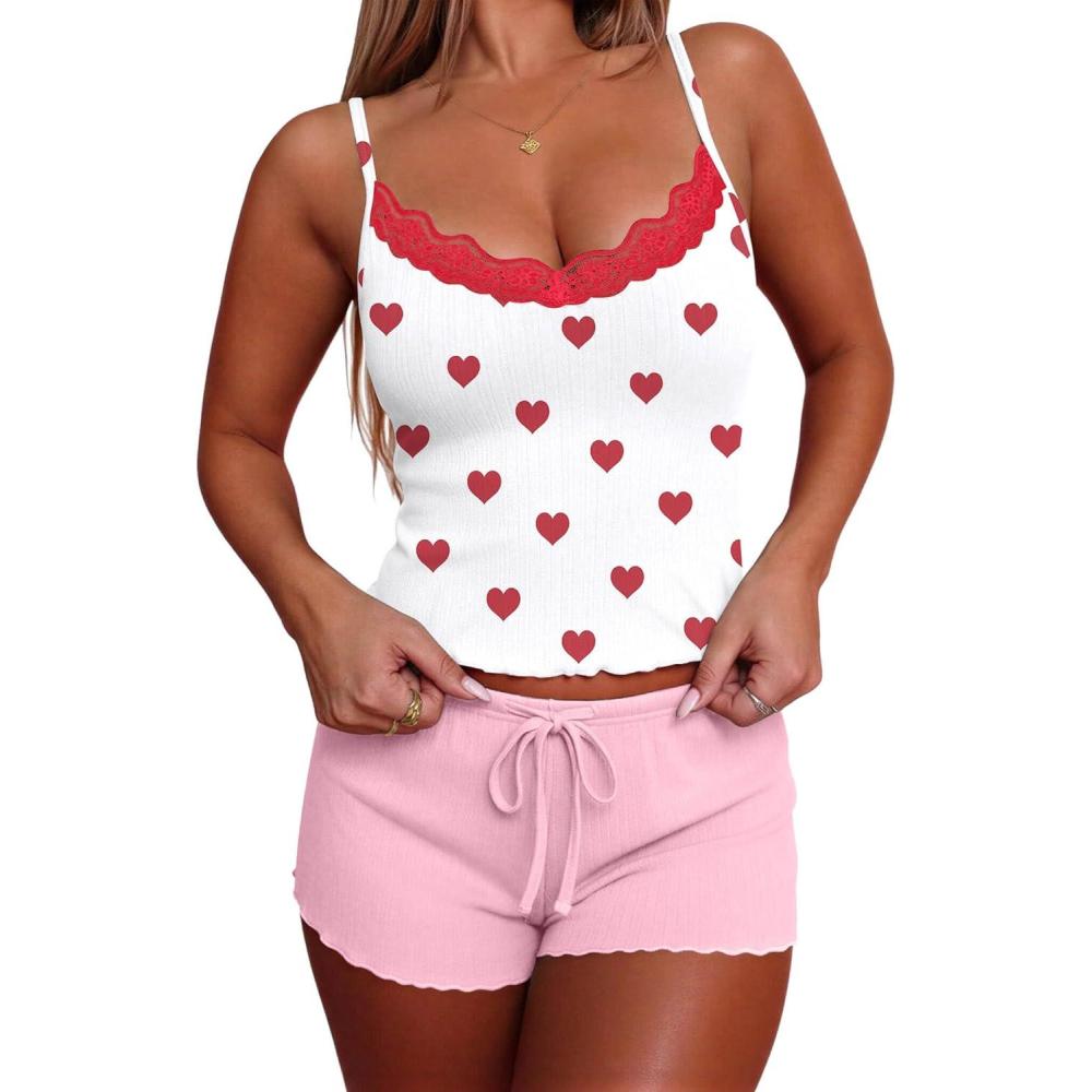imageEkouaer Womens Pajama Sets 2 Piece Sexy Lingerie Sleepwear with Pockets Lightweight Lace Cami Shorts Adjustable Straps PjsRed Heart
