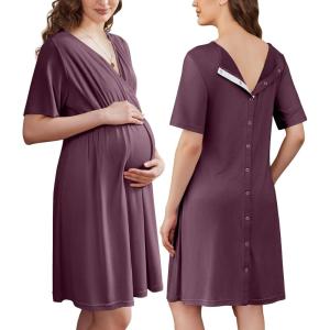 Ekouaer Labor and Delivery Gown for Hospital Short Sleeve Maternity Nursing Dress Nightgown with Button S-XXL(Purple Red)