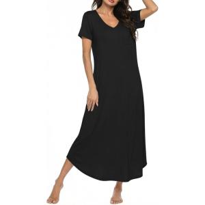 Ekouaer Long Nightgowns for Women Bamboo Viscose Sleepshirt Short Sleeve Night Gown V Neck House Dress(Black)