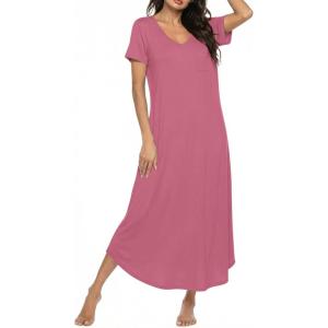 Ekouaer Long Nightgowns for Women Bamboo Viscose Sleepshirt Short Sleeve Night Gown V Neck House Dress(Cherry Red)