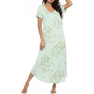 Ekouaer Long Nightgowns for Women Bamboo Viscose Sleepshirt Short Sleeve Night Gown V Neck House Dress(Floral Mint Green)
