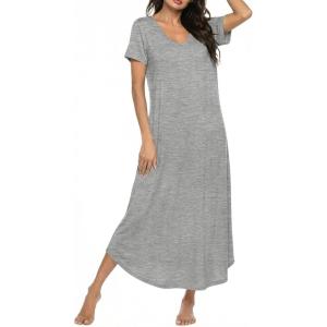 Ekouaer Long Nightgowns for Women Bamboo Viscose Sleepshirt Short Sleeve Night Gown V Neck House Dress(Light Grey)