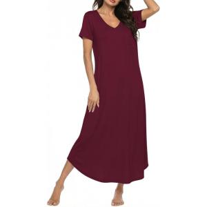 Ekouaer Long Nightgowns for Women Bamboo Viscose Sleepshirt Short Sleeve Night Gown V Neck House Dress(Red)