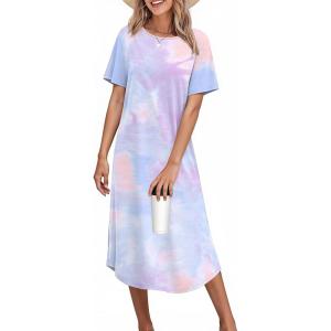 Ekouaer Nightgowns for Women Bamboo Viscose House Dress Long Night Gowns Short Sleeve Sleepdress Soft Sleepwear S-4XL(Blue & Purple Tie Dye)