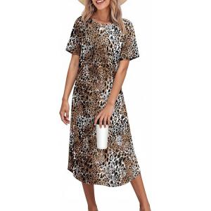 Ekouaer Nightgowns for Women Bamboo Viscose House Dress Long Night Gowns Short Sleeve Sleepdress Soft Sleepwear S-4XL(Brown Leopard)