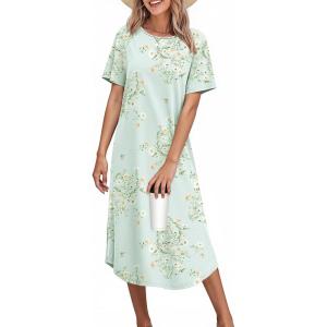 Ekouaer Nightgowns for Women Bamboo Viscose House Dress Long Night Gowns Short Sleeve Sleepdress Soft Sleepwear S-4XL(Cyan White Florals)