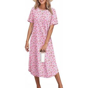 Ekouaer Nightgowns for Women Bamboo Viscose House Dress Long Night Gowns Short Sleeve Sleepdress Soft Sleepwear S-4XL(Pink Florals)