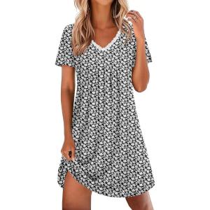Ekouaer Nightgowns for Women Cotton Night Gowns Short Sleeve Pleated Sleep Shirts Lace Trim Moo Moos Ladies Sleepwear(Floral Black)