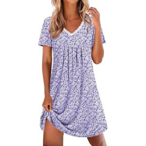 Ekouaer Nightgowns for Women Cotton Night Gowns Short Sleeve Pleated Sleep Shirts Lace Trim Moo Moos Ladies Sleepwear(Floral Purple)