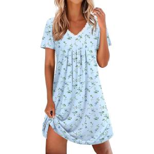 Ekouaer Nightgowns for Women Cotton Night Gowns Short Sleeve Pleated Sleep Shirts Lace Trim Moo Moos Ladies Sleepwear(Flowers Light Blue)