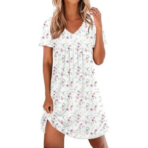 Ekouaer Nightgowns for Women Cotton Night Gowns Short Sleeve Pleated Sleep Shirts Lace Trim Moo Moos Ladies Sleepwear(Flowers White)