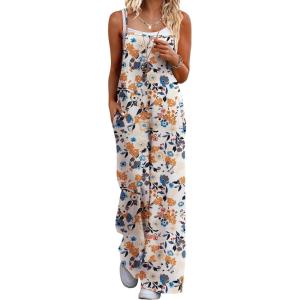 Ekouaer Womens Causal Sleeveless Jumpsuits Summer Boho Wide Leg Floral Rompers Overalls with Pockets(Blue Beige Floral)