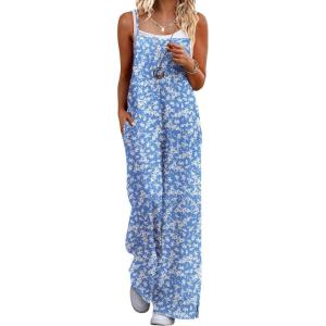 Ekouaer Womens Causal Sleeveless Jumpsuits Summer Boho Wide Leg Floral Rompers Overalls with Pockets(Blue White Floral)