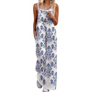Ekouaer Womens Causal Sleeveless Jumpsuits Summer Boho Wide Leg Floral Rompers Overalls with Pockets(White Italian Print)