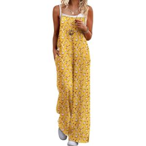 Ekouaer Womens Causal Sleeveless Jumpsuits Summer Boho Wide Leg Floral Rompers Overalls with Pockets(White Yellow Floral)