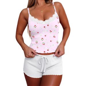 Ekouaer Women’s Pajama Sets 2 Piece Sexy Lingerie Sleepwear with Pockets Lightweight Lace Cami Shorts Adjustable Straps Pjs(Lilac Cherry)