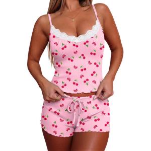 Ekouaer Women’s Pajama Sets 2 Piece Sexy Lingerie Sleepwear with Pockets Lightweight Lace Cami Shorts Adjustable Straps Pjs(Pink Cherry)