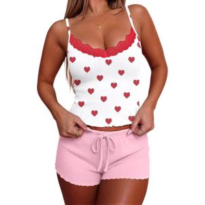 Ekouaer Women’s Pajama Sets 2 Piece Sexy Lingerie Sleepwear with Pockets Lightweight Lace Cami Shorts Adjustable Straps Pjs(Red Heart)