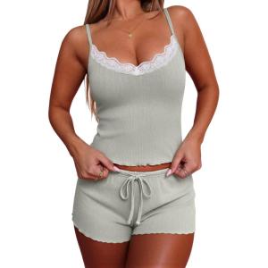 Ekouaer Women’s Pajama Sets 2 Piece Sexy Lingerie Sleepwear with Pockets Lightweight Lace Cami Shorts Adjustable Straps Pjs(Sage Green)