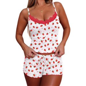 Ekouaer Women’s Pajama Sets 2 Piece Sexy Lingerie Sleepwear with Pockets Lightweight Lace Cami Shorts Adjustable Straps Pjs(Strawberry)