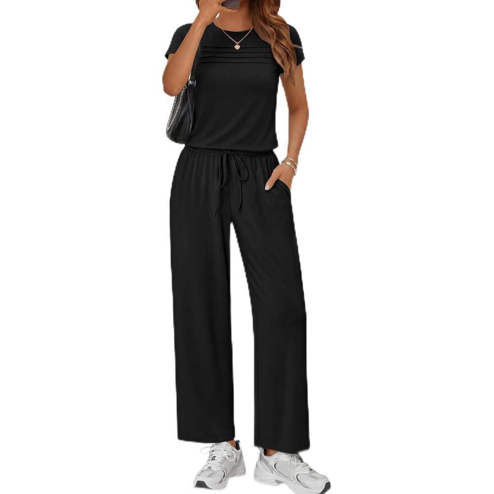 imageEkouaer Jumpsuits for Women 2026 Summer Casual Round Neck Pleated Front Womens Rompers With Pockets Vacation OutfitsBlack