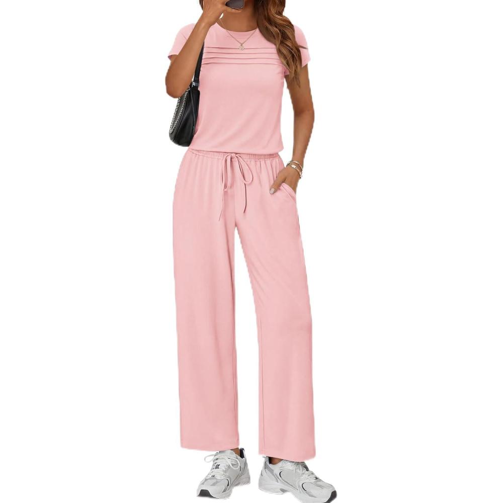imageEkouaer Jumpsuits for Women 2026 Summer Casual Round Neck Pleated Front Womens Rompers With Pockets Vacation OutfitsLight Pink