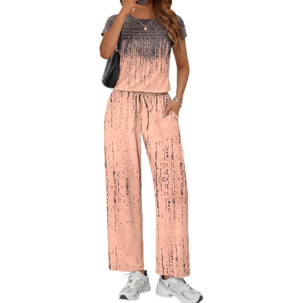 imageEkouaer Jumpsuits for Women 2026 Summer Casual Round Neck Pleated Front Womens Rompers With Pockets Vacation OutfitsTiedye Greycoral