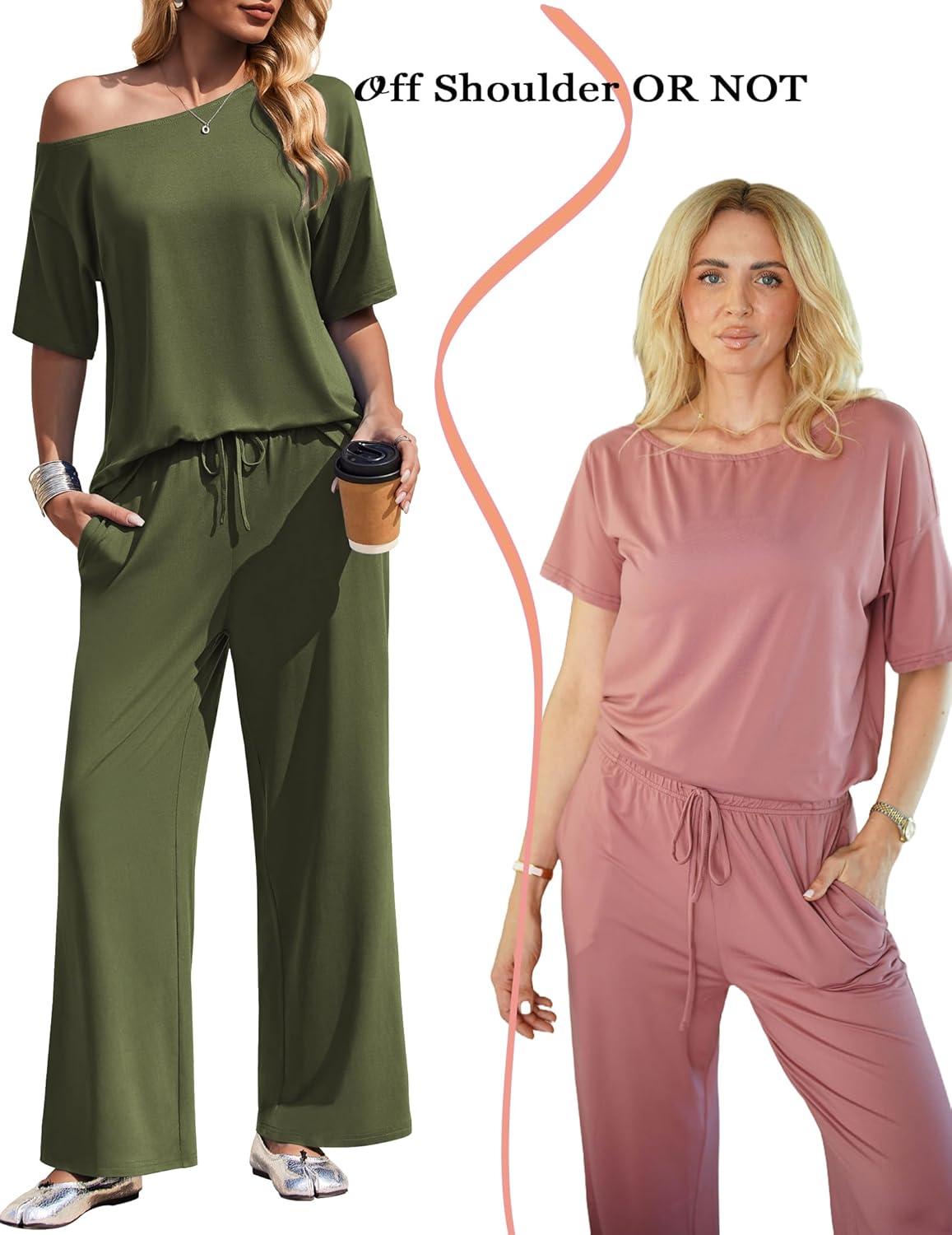imageEkouaer Lounge Sets for Women Off ShoulderRight Short Sleeve Tops and Long Pants 2 Piece Set Summer Soft Matching OutfitArmy Green