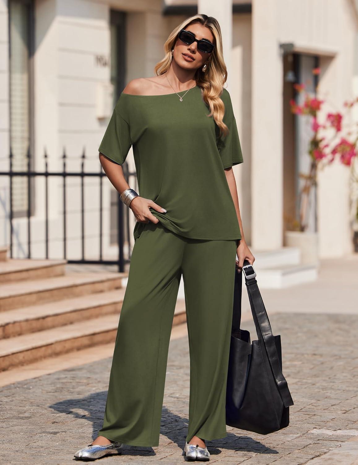 imageEkouaer Lounge Sets for Women Off ShoulderRight Short Sleeve Tops and Long Pants 2 Piece Set Summer Soft Matching OutfitArmy Green