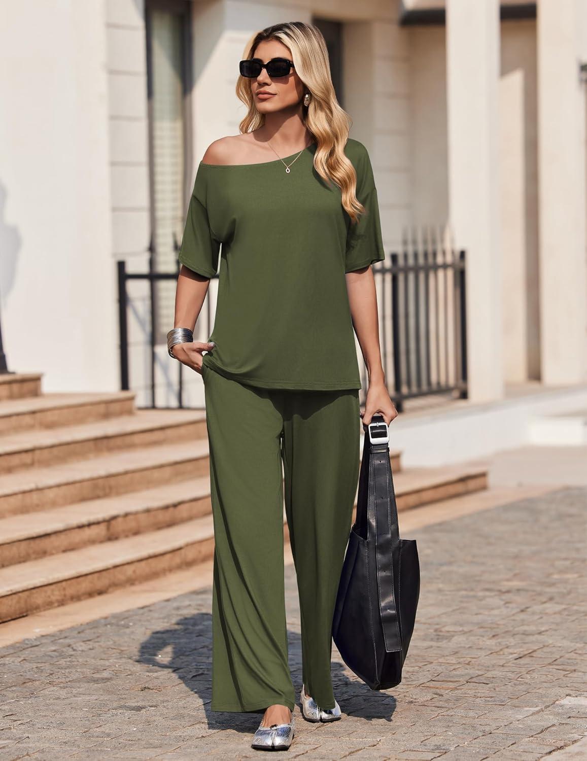 imageEkouaer Lounge Sets for Women Off ShoulderRight Short Sleeve Tops and Long Pants 2 Piece Set Summer Soft Matching OutfitArmy Green