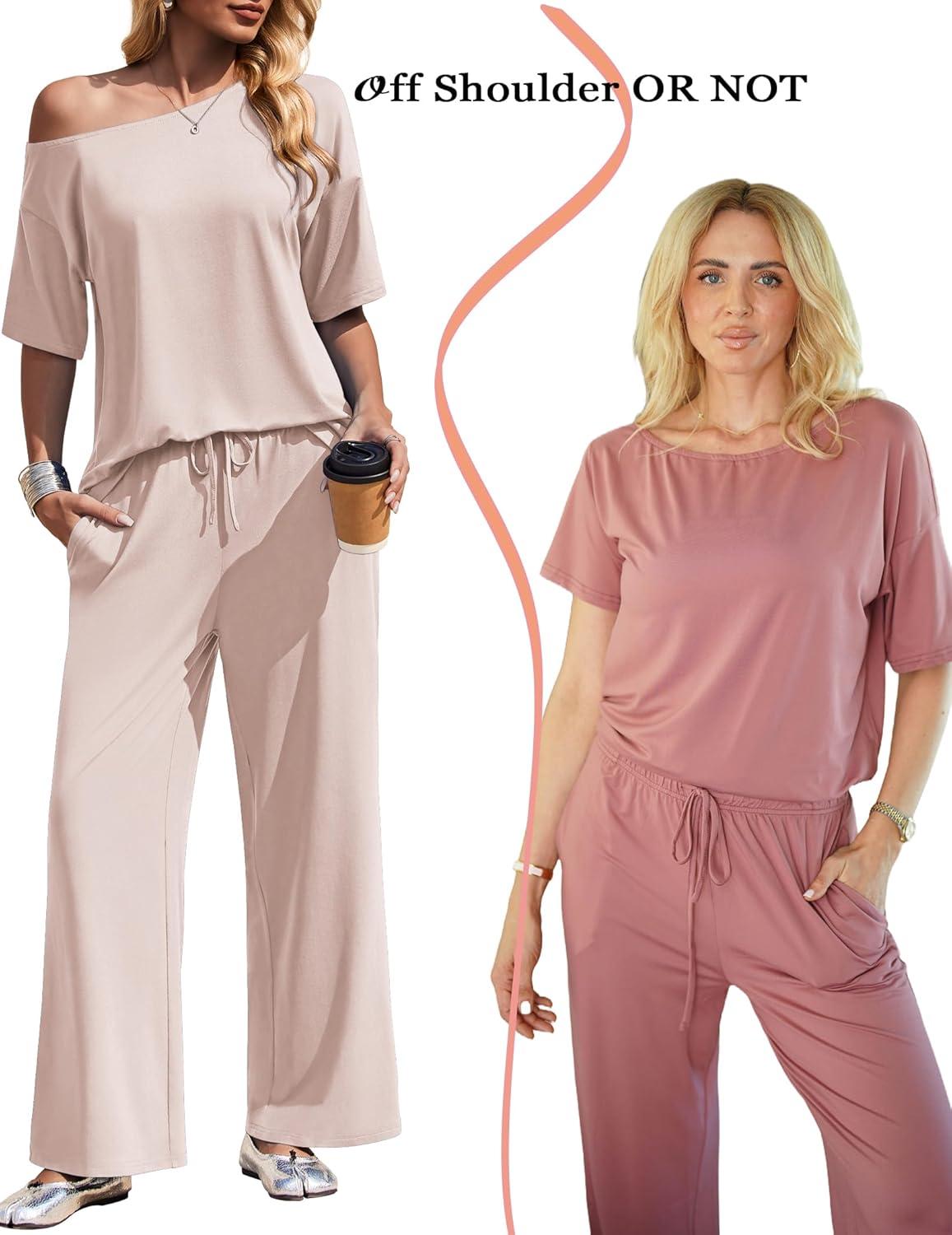 imageEkouaer Lounge Sets for Women Off ShoulderRight Short Sleeve Tops and Long Pants 2 Piece Set Summer Soft Matching OutfitBeige