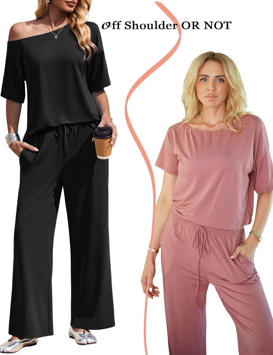 imageEkouaer Lounge Sets for Women Off ShoulderRight Short Sleeve Tops and Long Pants 2 Piece Set Summer Soft Matching OutfitBlack