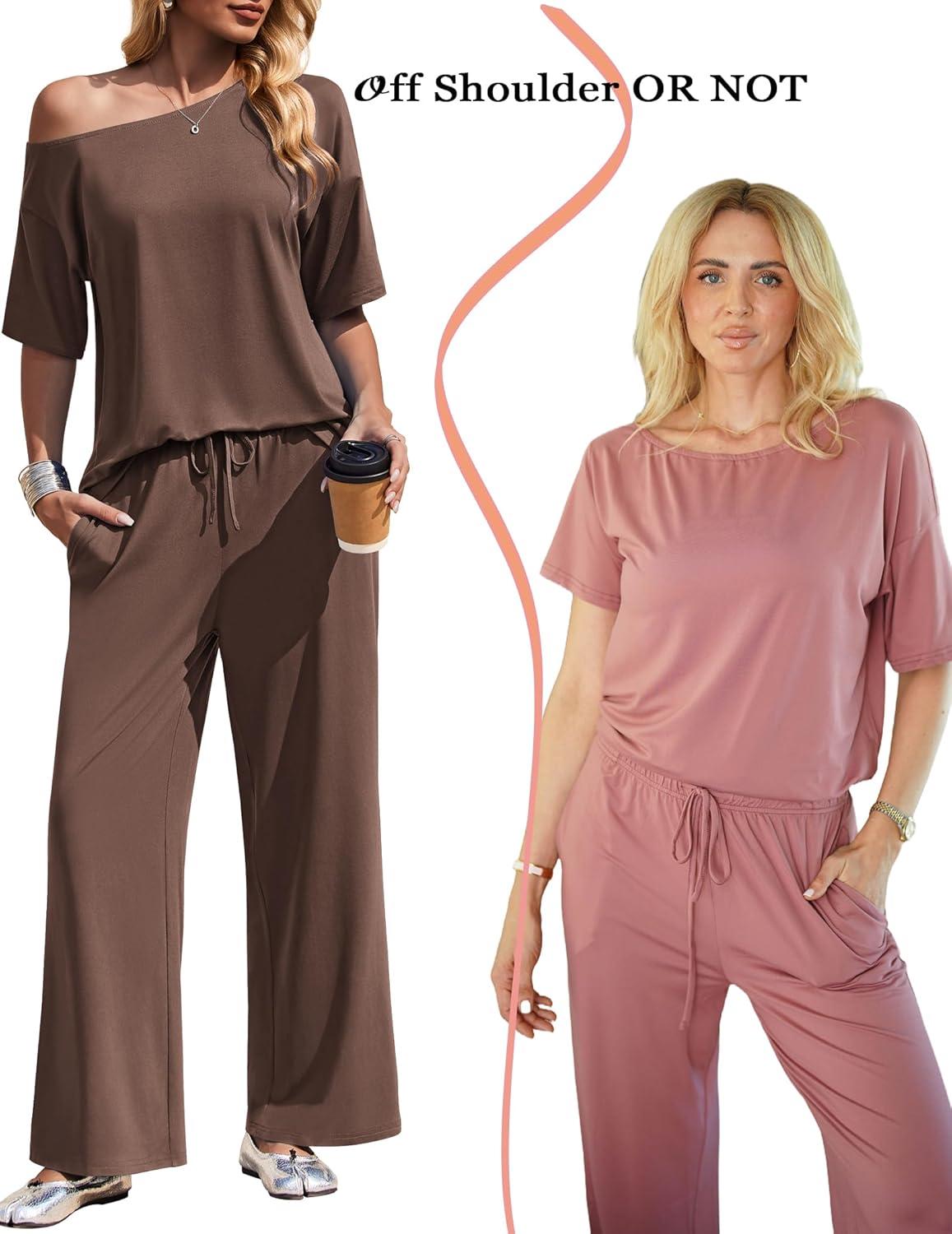 imageEkouaer Lounge Sets for Women Off ShoulderRight Short Sleeve Tops and Long Pants 2 Piece Set Summer Soft Matching OutfitBrown