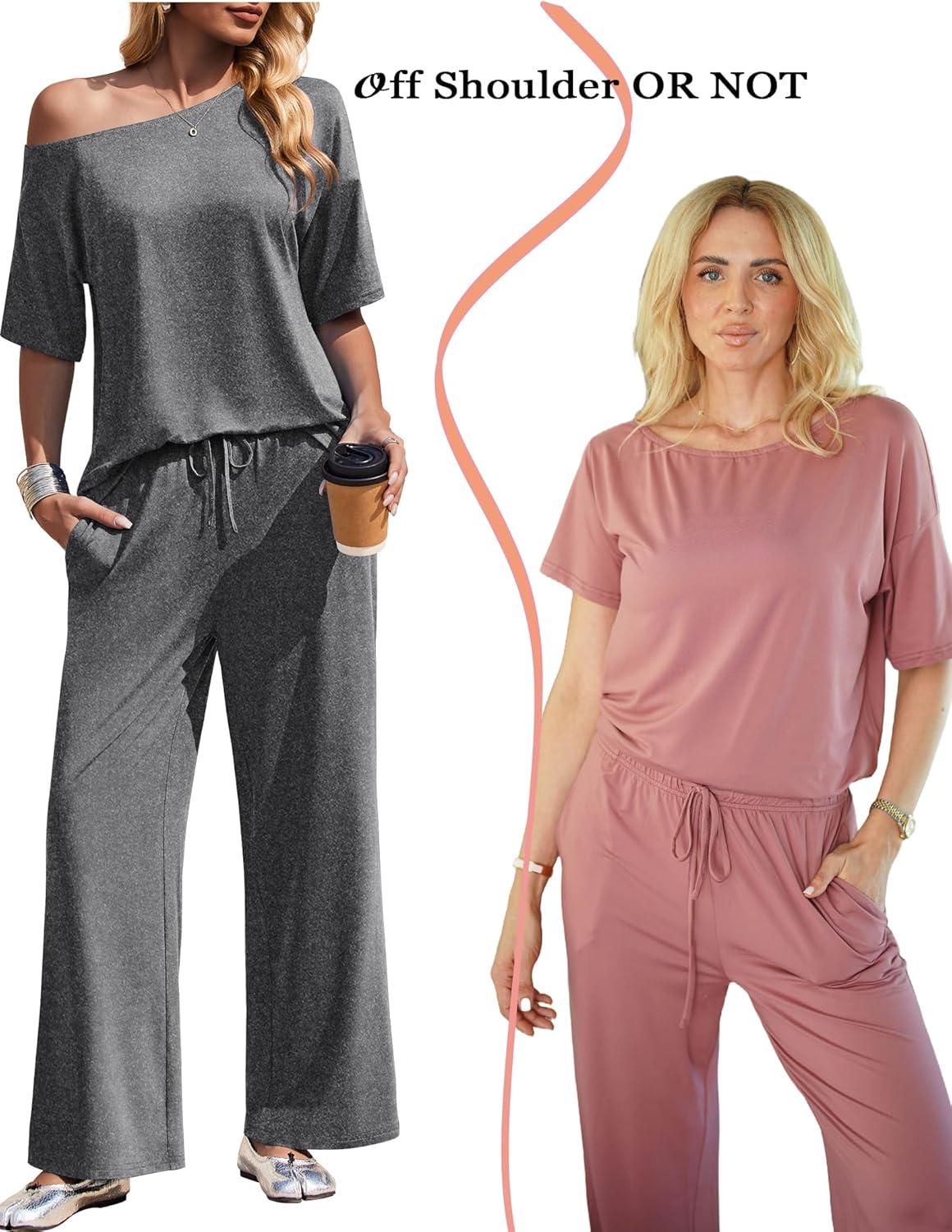 imageEkouaer Lounge Sets for Women Off ShoulderRight Short Sleeve Tops and Long Pants 2 Piece Set Summer Soft Matching OutfitDark Gray