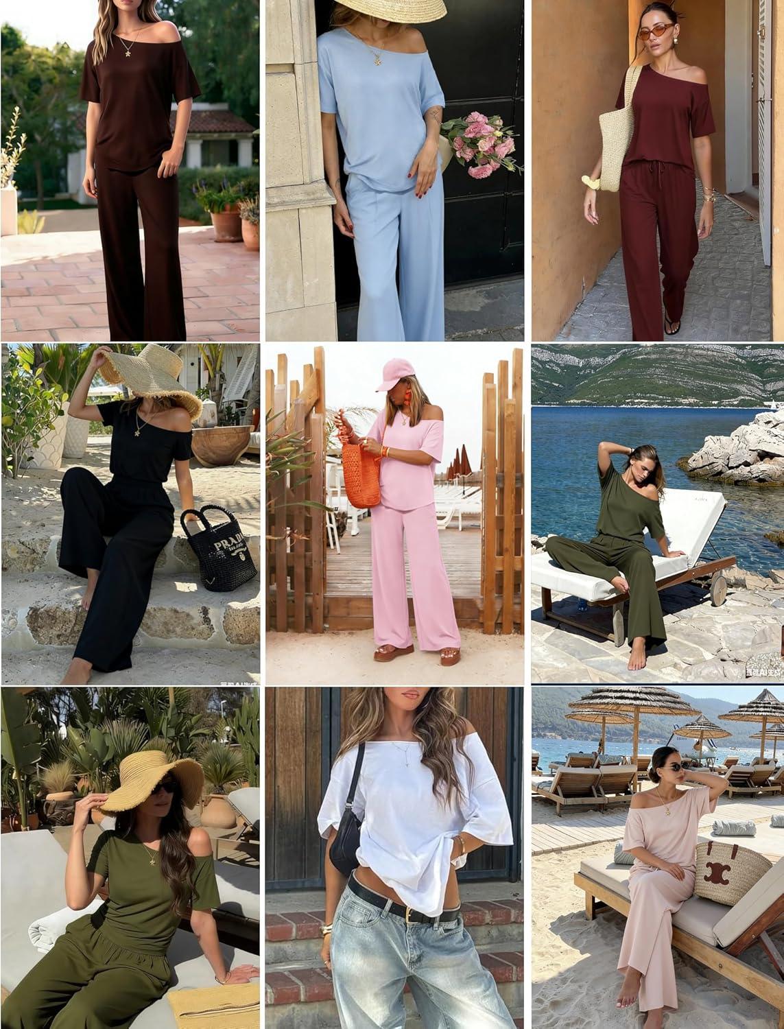 imageEkouaer Lounge Sets for Women Off ShoulderRight Short Sleeve Tops and Long Pants 2 Piece Set Summer Soft Matching OutfitWhitethin