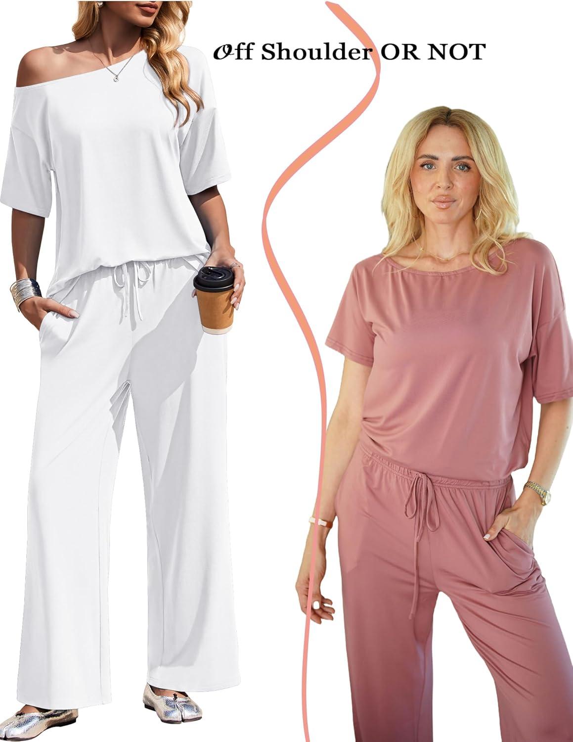 imageEkouaer Lounge Sets for Women Off ShoulderRight Short Sleeve Tops and Long Pants 2 Piece Set Summer Soft Matching OutfitWhitethin