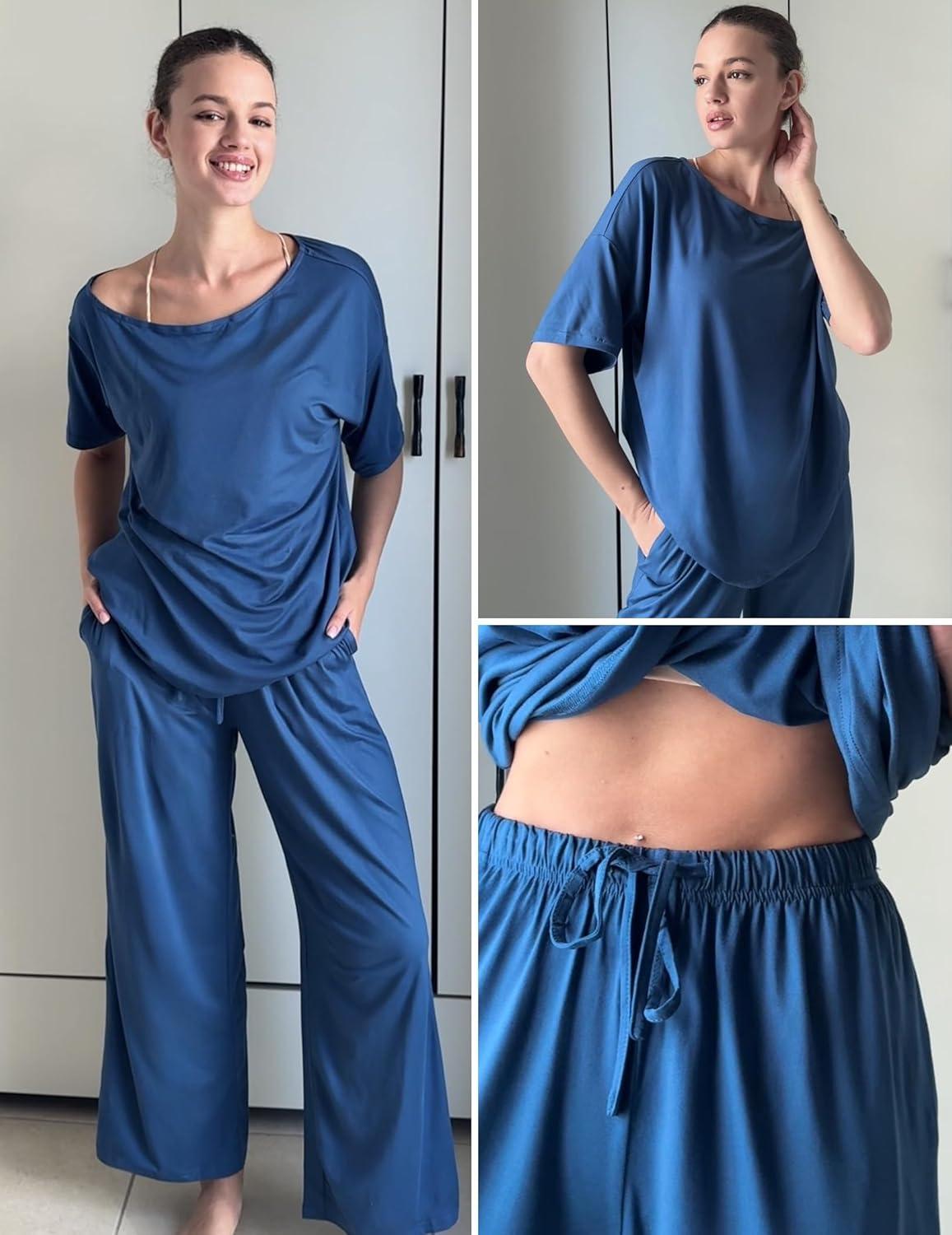 imageEkouaer Lounge Sets for Women Off ShoulderRight Short Sleeve Tops and Long Pants 2 Piece Set Summer Soft Matching OutfitWhitethin